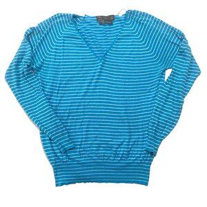 ZARA‎ Striped V-Neck Coastal Blue Sweater L Silk Nautical Ribbed Quiet Luxury
